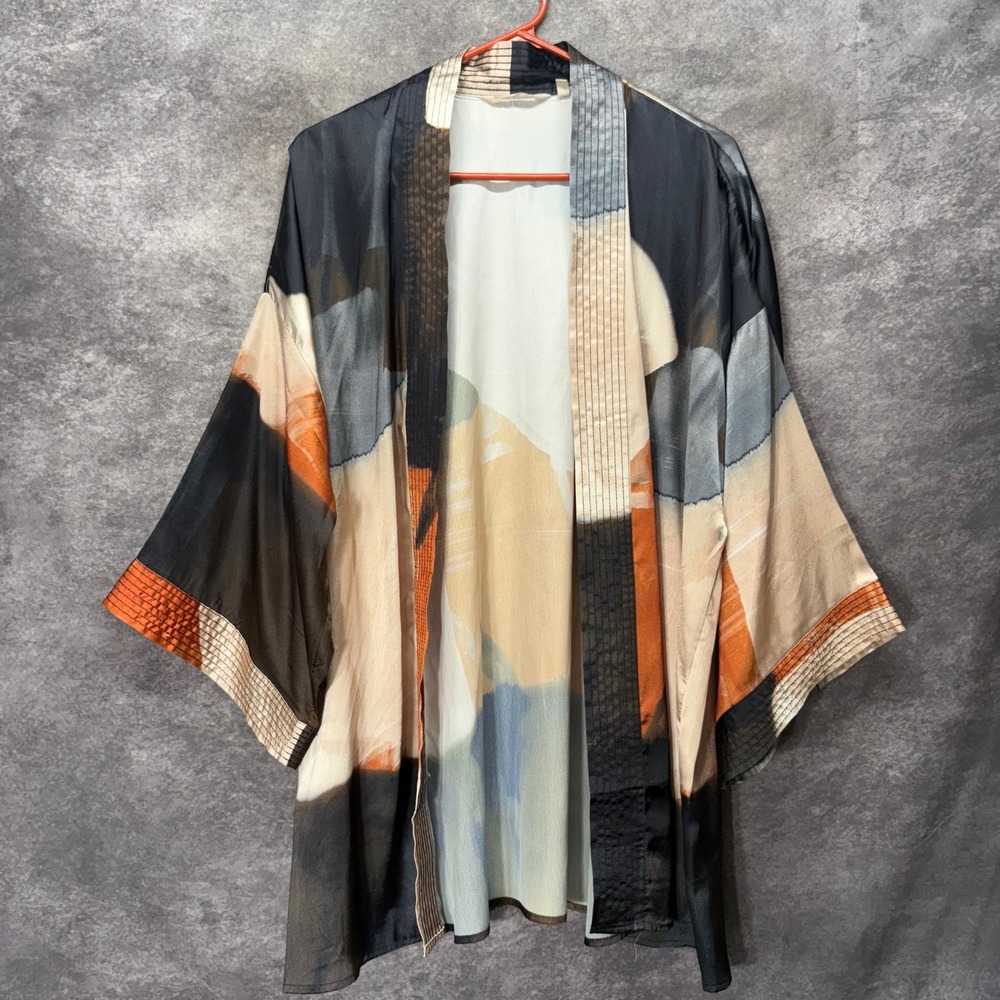Soft Surroundings Ainsley Abstract Art Satin Kimono Topper Size L/XL Earthy